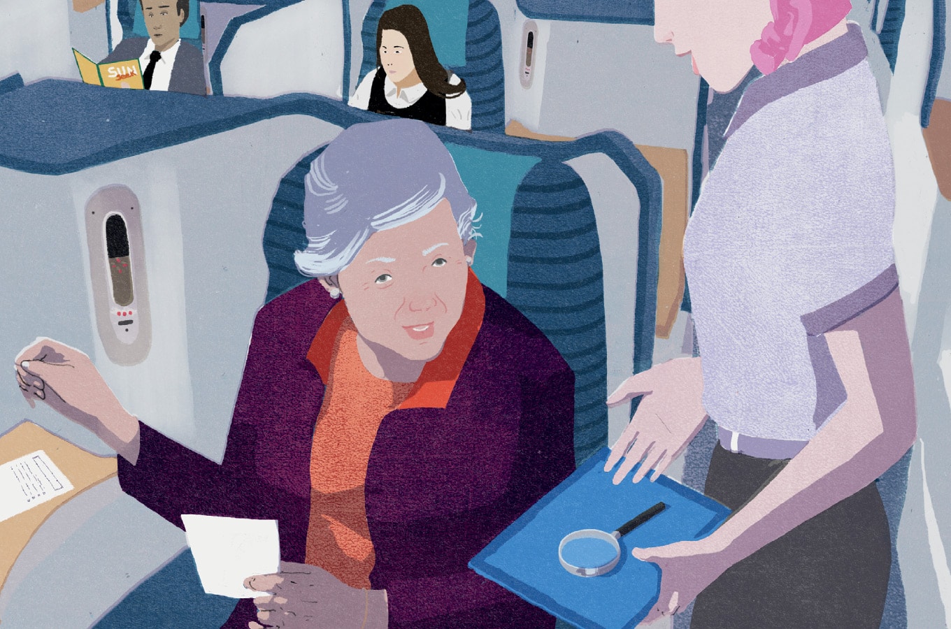 n el avión, la asistente de vuelo ofrece una lupa para ayudar a una mujer que tiene dificultades para leer.